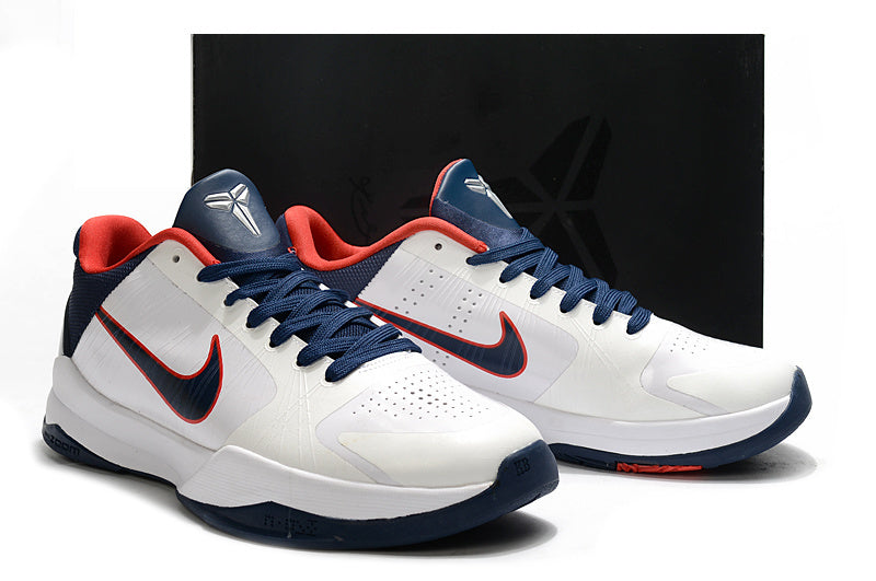 Nike Kobe 5 Protro USA edition basketball shoes in red, white, and blue colors
