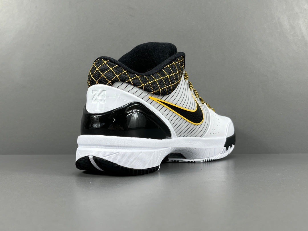 Nike Kobe 4 Protro White Black Del Sol basketball sneakers with accents
