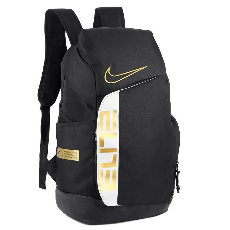 Black and gold Nike Elite Pro basketball backpack with padded straps and multiple compartments
