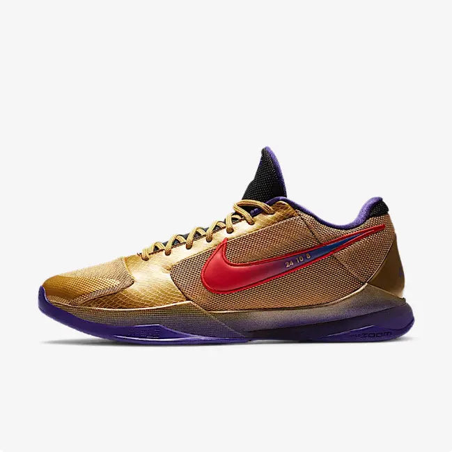Nike Kobe 5 x Undefeated Hall of Fame basketball shoes in gold and purple colorway
