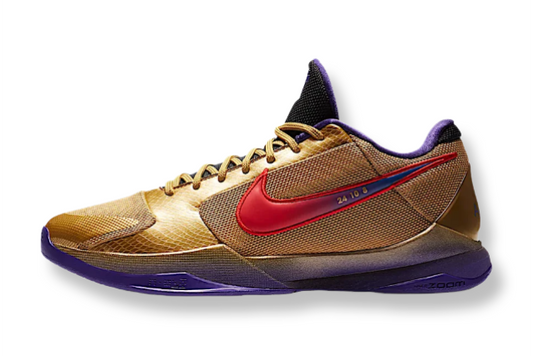 Nike Kobe 5 x Undefeated Hall of Fame basketball shoes in gold and purple colorway
