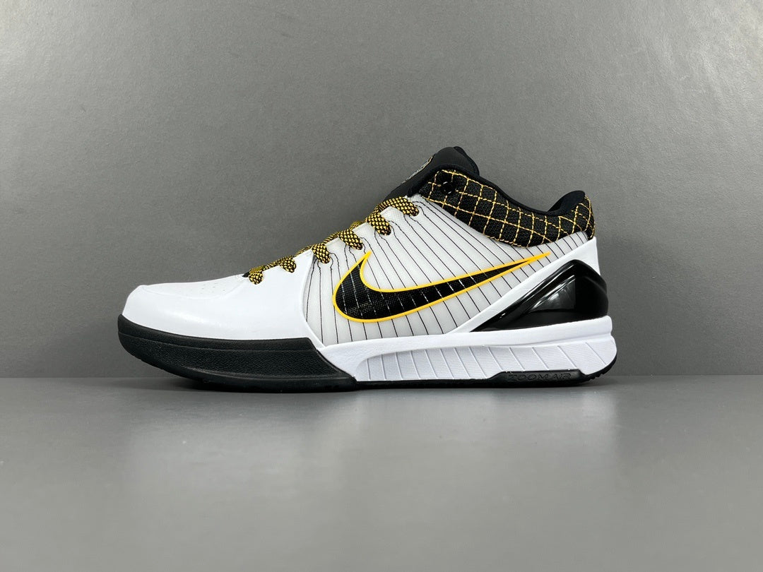Nike Kobe 4 Protro White Black Del Sol basketball sneakers with accents
