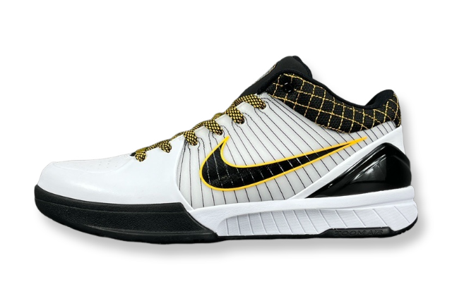 Nike Kobe 4 Protro White Black Del Sol basketball sneakers with accents

