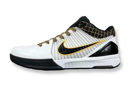 Nike Kobe 4 Protro White Black Del Sol basketball sneakers with accents
