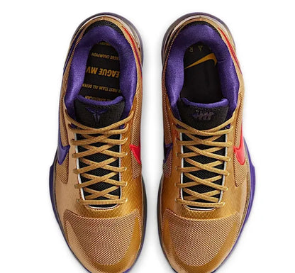 Nike Kobe 5 x Undefeated Hall of Fame basketball shoes in gold and purple colorway
