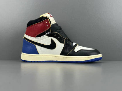 Air Jordan 1 High OG Fragment Union LA side view white navy leather sneaker