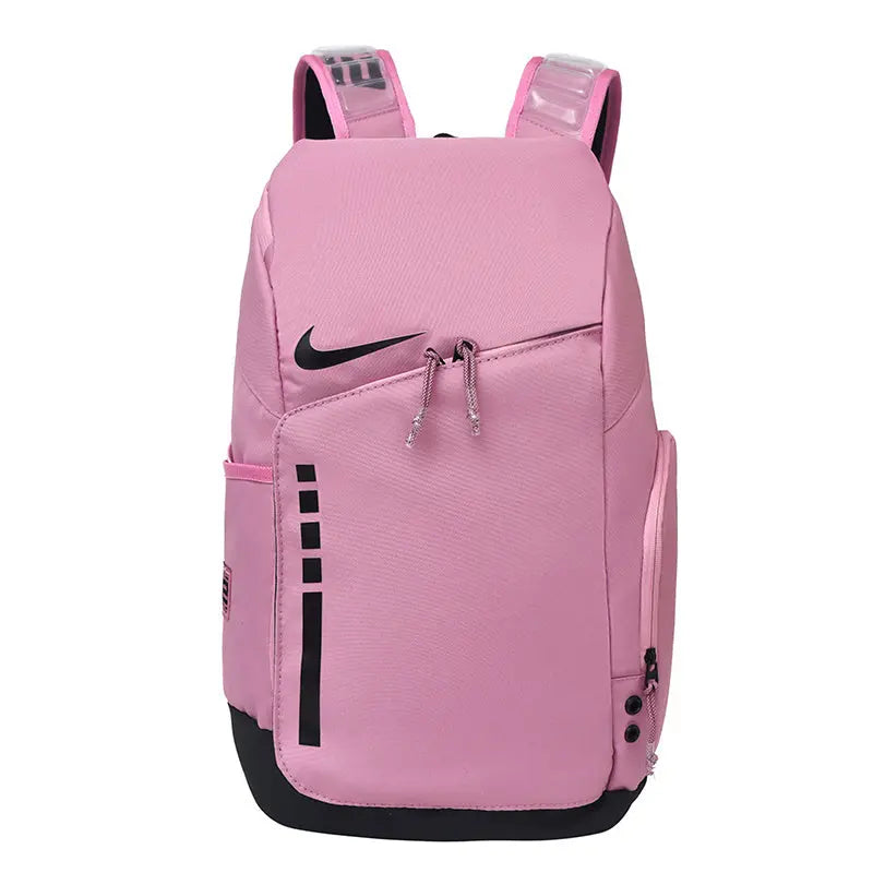Pink backpack with a visible brand logo on a white background
