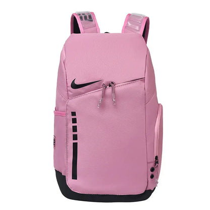 Pink backpack with a visible brand logo on a white background