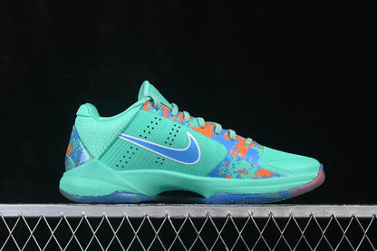 Front view of Nike Kobe 5 Protro x Jalen Brunson NY vs NY PE showing mint green upper with blue and orange paint splatter accents