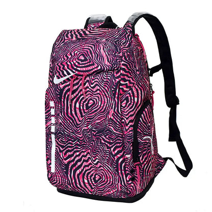 A Nike backpack featuring a vibrant pink and black wavy, hypnotic swirl pattern, with a white Nike swoosh logo on the front.