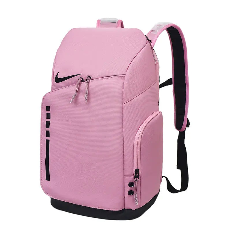 A pink Nike backpack with black accents, including the swoosh logo, zipper pulls, and base trim, shown on a plain white background.