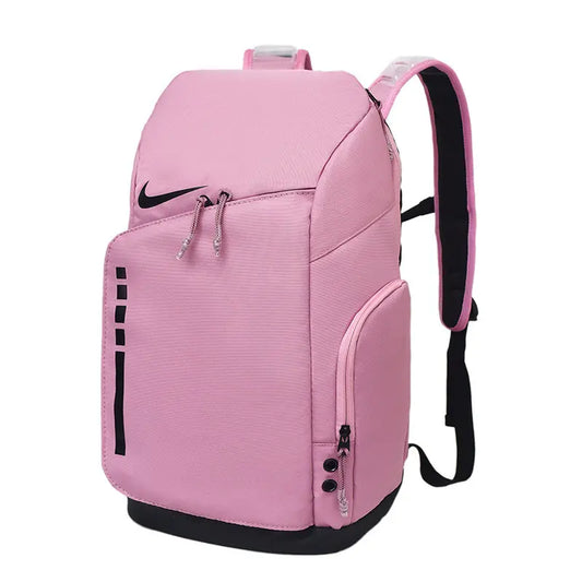 A pink Nike backpack with black accents, including the swoosh logo, zipper pulls, and base trim, shown on a plain white background.