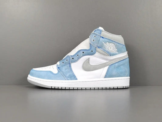 Air Jordan 1 High OG Hyper Royal side view blue suede grey Swoosh sneaker