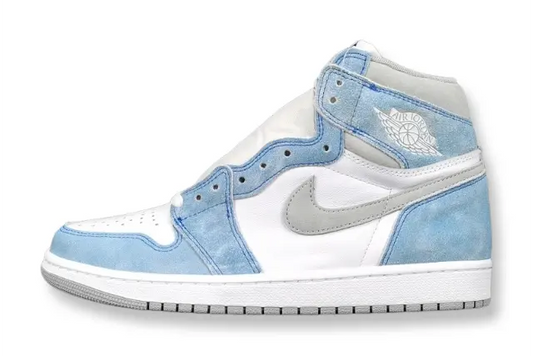 Air Jordan 1 High OG Hyper Royal side view blue suede grey Swoosh sneaker