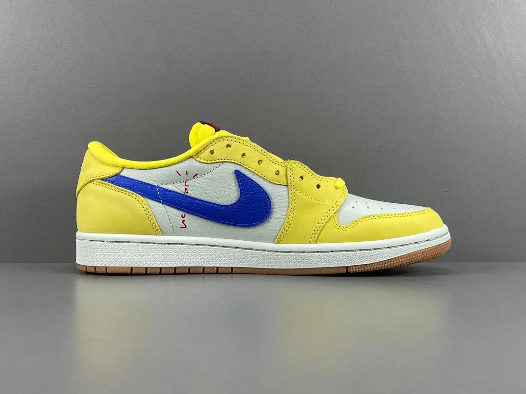 "Jordan 1 Low OG x Canary – low-top sneaker with premium leather upper, bright yellow and white colorway, and classic retro design."