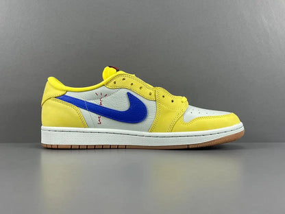 "Jordan 1 Low OG x Canary – low-top sneaker with premium leather upper, bright yellow and white colorway, and classic retro design."