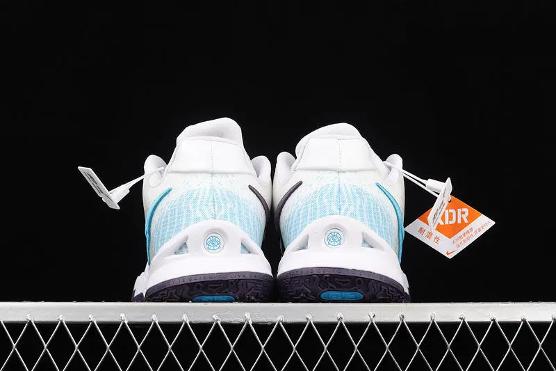 Nike Kyrie 4 Low White Laser Blue basketball shoes – low-top sneakers with crisp white and laser blue accents, Zoom Air cushioning, and court performance
