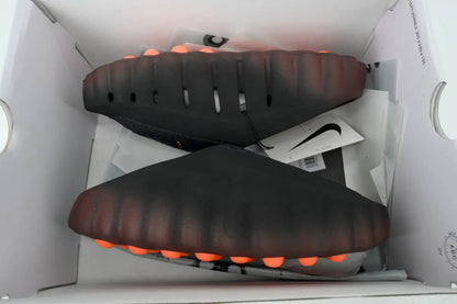 Nike Mind 001 FlyKnit Slide Bronze Eclipse Total Orange top view FlyKnit strap footbed layout