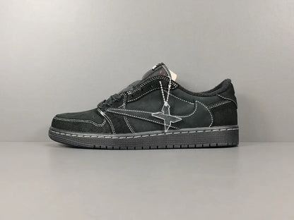 "Jordan 1 Low Travis Scott Phantom with black nubuck, white stitching, and signature reverse Swoosh."