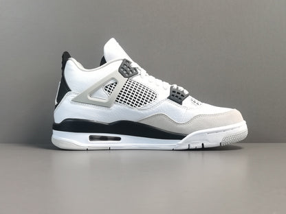 Air Jordan 4 Military Black sneakers with white leather and black accents, retro basketball shoes
