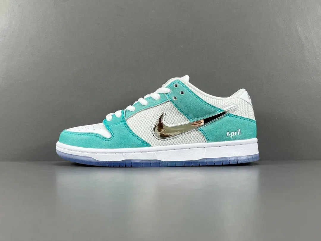 Nike SB Dunk April Skateboards white chrome swoosh low top sneaker