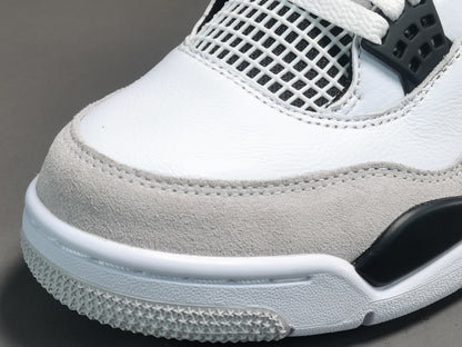 Air Jordan 4 Military Black sneakers with white leather and black accents, retro basketball shoes