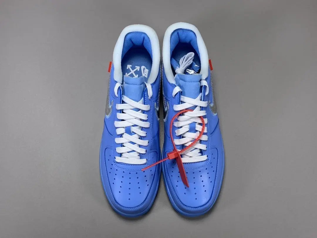 Nike Air Force 1 x Off-White MCA University Blue sneaker with metallic Swoosh
