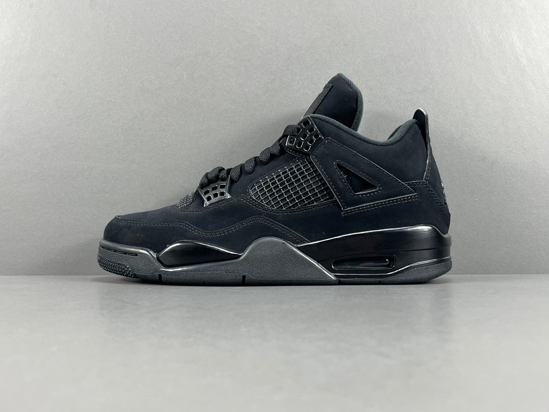 Air Jordan 4 Black Cat sneakers in all-black suede, retro basketball shoes