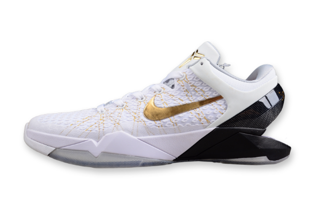 Nike Kobe 7 Elite Home basketball shoes white with purple and gold Lakers accents
