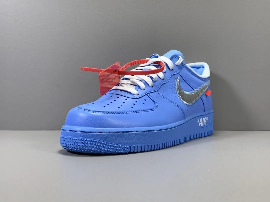 Nike Air Force 1 x Off-White MCA University Blue sneaker with metallic Swoosh
