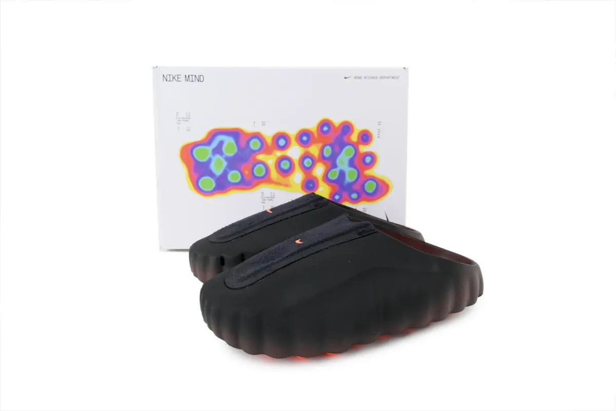 Nike Mind 001 FlyKnit Slide Bronze Eclipse Total Orange top view FlyKnit strap footbed layout