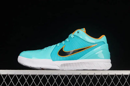 A Nike basketball shoe in a vibrant turquoise blue with a black Swoosh and orange trim, resting on a white metal grate against a solid black background.