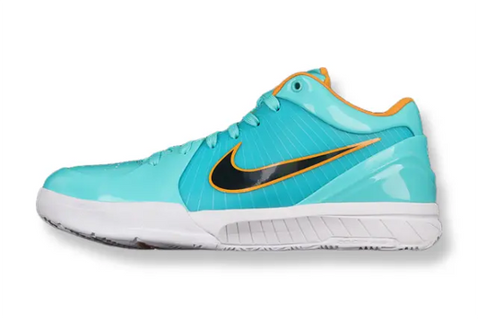 A Nike basketball shoe in a vibrant turquoise colorway, featuring a glossy synthetic upper with a black and orange Swoosh, a white midsole, and orange lining accents.