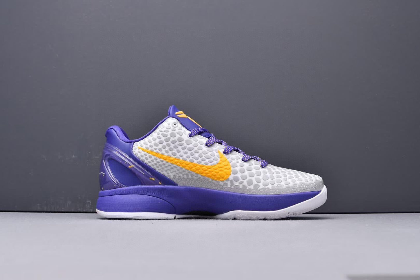 Nike Kobe 6 Lakers Home basketball shoes in purple and gold team colors
