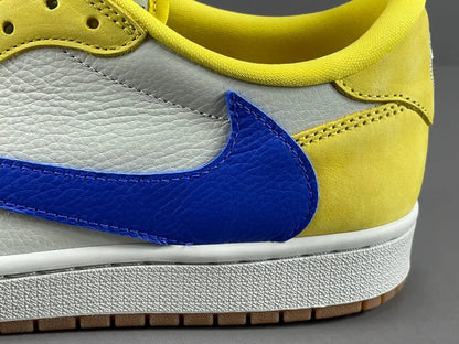 "Jordan 1 Low OG x Canary – low-top sneaker with premium leather upper, bright yellow and white colorway, and classic retro design."
