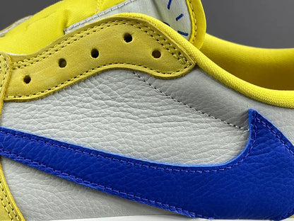 "Jordan 1 Low OG x Canary – low-top sneaker with premium leather upper, bright yellow and white colorway, and classic retro design."