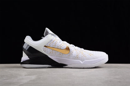 Nike Kobe 7 Elite Home basketball shoes white with purple and gold Lakers accents
