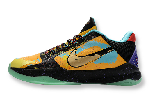 Nike Kobe 5 Prelude Finals MVP basketball shoes with multicolor artistic design
