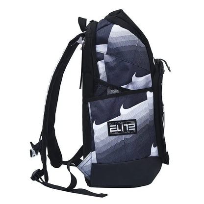 A Nike Elite backpack in a dark gray and white geometric pattern, featuring black straps, a black bottom base, and a black Nike Elite patch on the front pocket.
