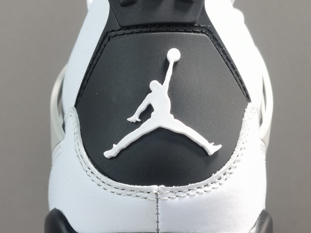 Air Jordan 4 Military Black sneakers with white leather and black accents, retro basketball shoes