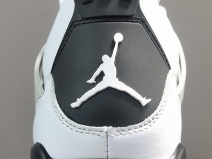 Air Jordan 4 Military Black sneakers with white leather and black accents, retro basketball shoes