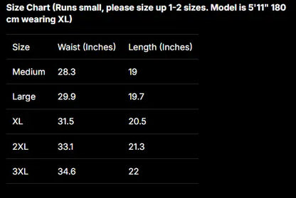 A size chart table on a black background showing waist measurements in inches for sizes Medium, Large, XL, 2XL, and 3XL, along with corresponding lengths in inches. Text at the top says the size chart applies and the model is 5'11" 180 cm wearing XL.