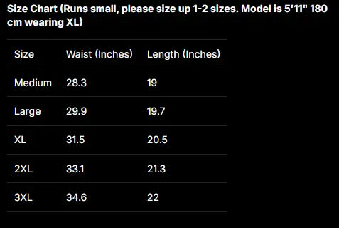 A size chart table on a black background showing waist measurements in inches for sizes Medium, Large, XL, 2XL, and 3XL, along with corresponding lengths in inches. Text at the top says the size chart applies and the model is 5'11" 180 cm wearing XL.