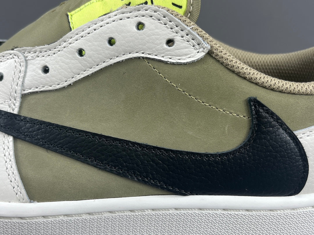 "Air Jordan 1 Low Golf x Travis Scott 'Neutral Olive' sneakers featuring olive nubuck base, off-white leather overlays, black reverse Swoosh, and Cactus Jack branding." citeturn0search0 