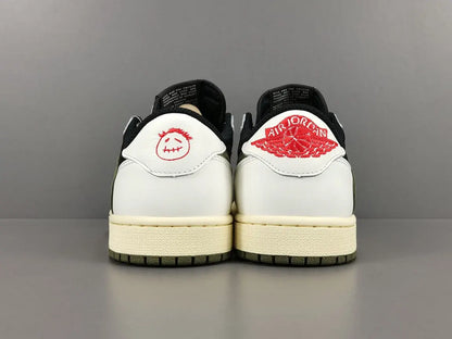 "Jordan 1 Low x Travis Scott Olive with olive suede, black leather overlays, reverse Swoosh, and Cactus Jack branding."