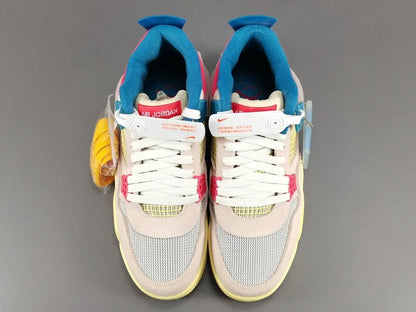 Pair of sneakers with visible brand logos on a gray background