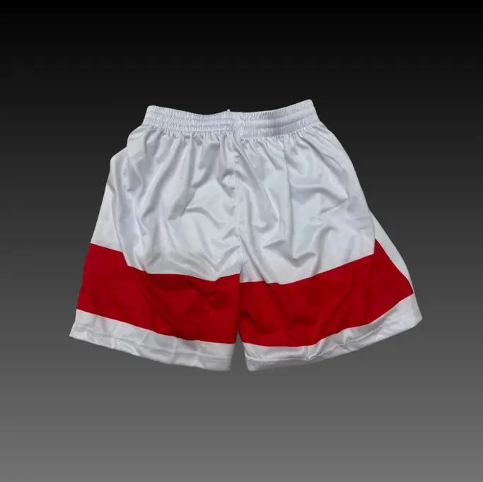 White athletic shorts with a bold red horizontal stripe across the lower half, shown against a dark gray gradient background.