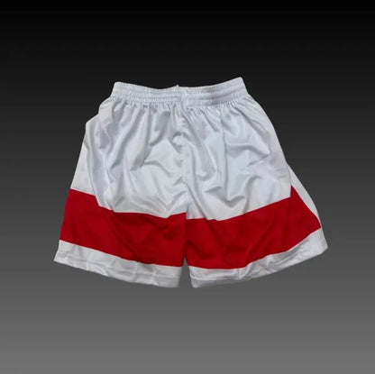 White athletic shorts with a bold red horizontal stripe across the lower half, shown against a dark gray gradient background.