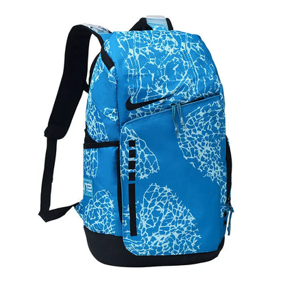 A blue and white patterned Nike backpack with black straps, base, and trim, shown on a plain white background.