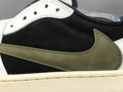 "Jordan 1 Low x Travis Scott Olive with olive suede, black leather overlays, reverse Swoosh, and Cactus Jack branding."